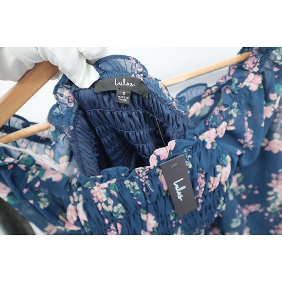 Lulus Floral Navy Blue Off-The-Shoulder Smocked Mini Dress Long Sleeves Womens S - Picture 2 of 15